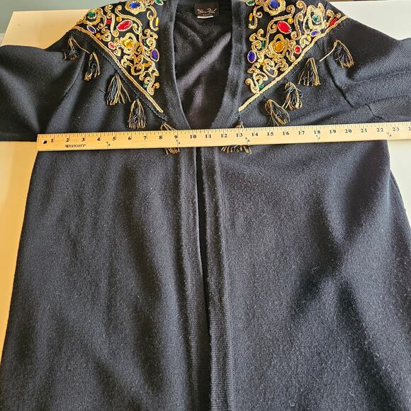 Vintage Diane Freis Jeweled Tasseled Embroidered Black Wool Cardigan Size L/XL - Picture 6 of 10
